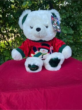 Kmart White Holiday Bear Plush with Red Velvet Sweater - 1999